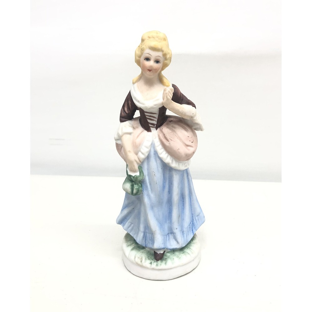 Antique German? Bisque Figurine Victorian Women in Blue Dress Green Purse Blonde